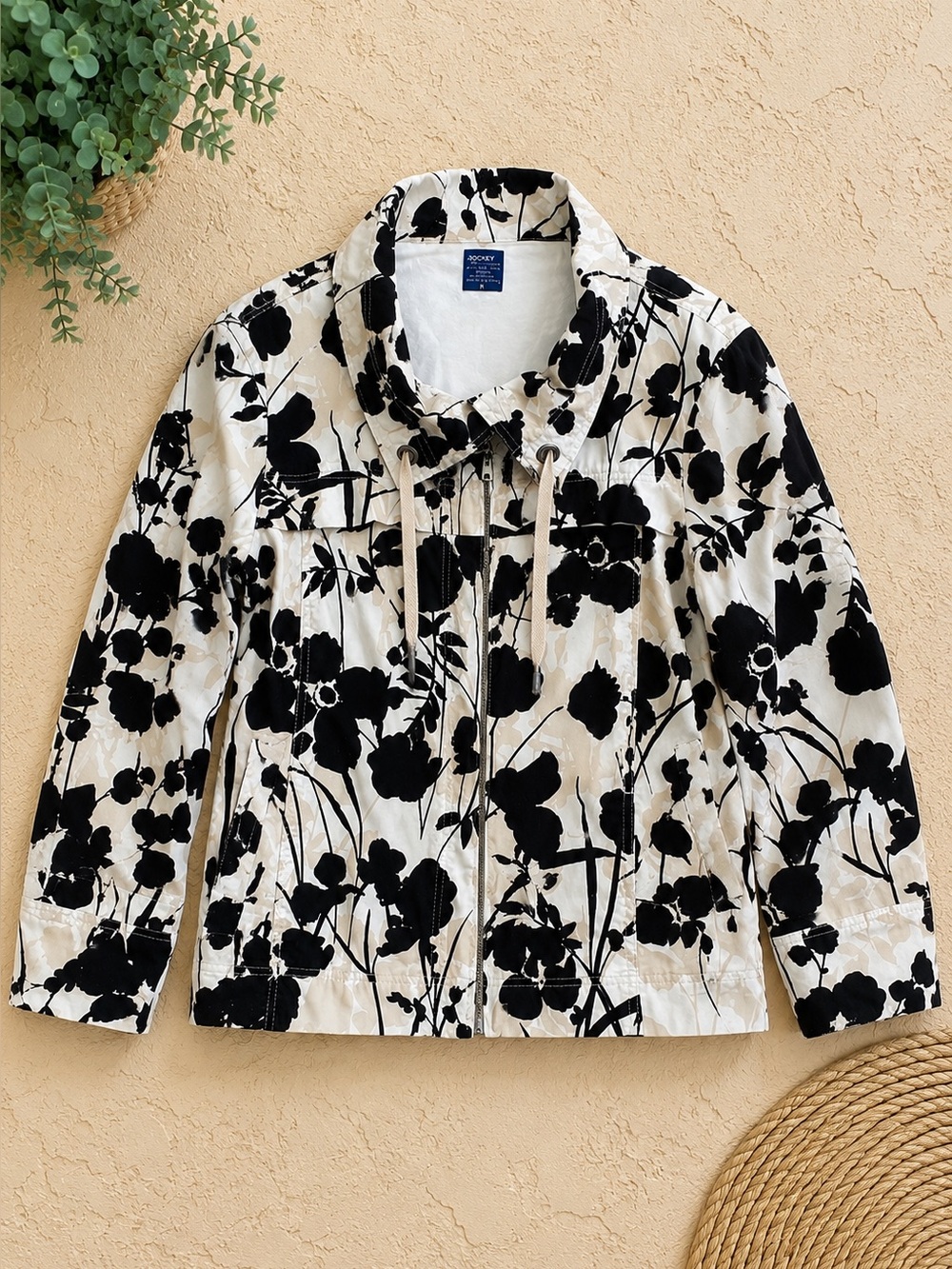 Jockey Neutral Floral Zip Jacket Women’s Medium Casual Chic Spring Layer